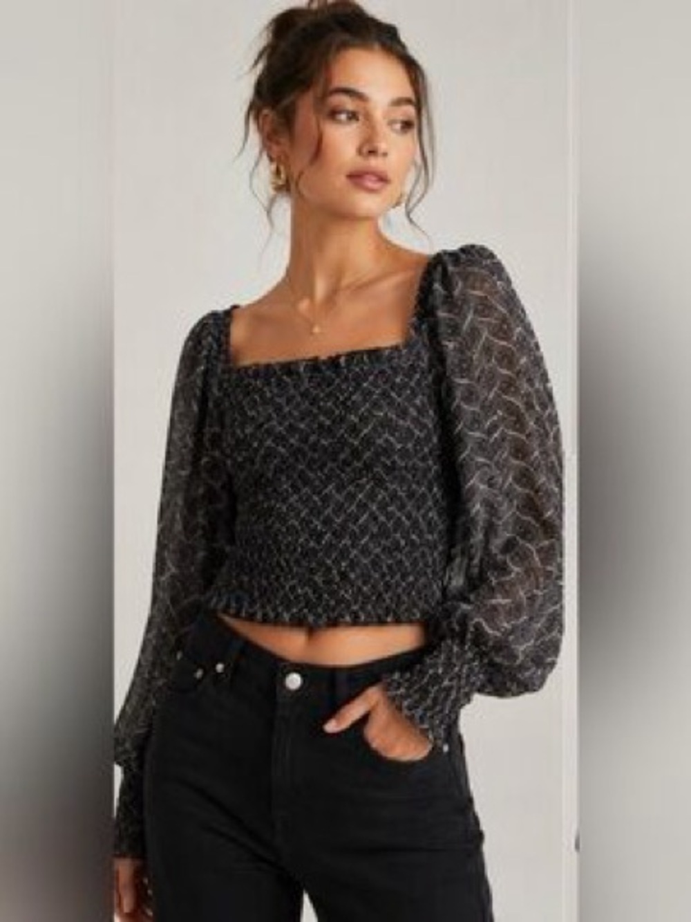 Anthropologie rounen Square Neck Smocked Crop Top in Black medium